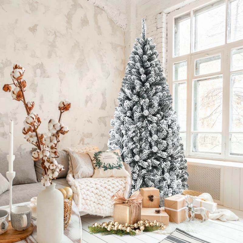 6 FT Snow Flocked Christmas Tree Hinged Artificial Xmas Tree with Metal Stand for Indoor & Outdoor Decors