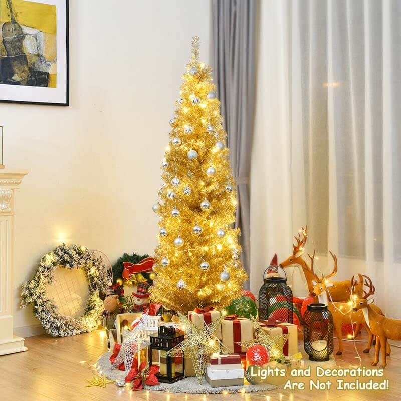 6FT Pencil Artificial Christmas Tree Unlit Slim Tinsel Xmas Tree with Electroplated Technology & Metal Stand for Indoor Outdoor Decoration