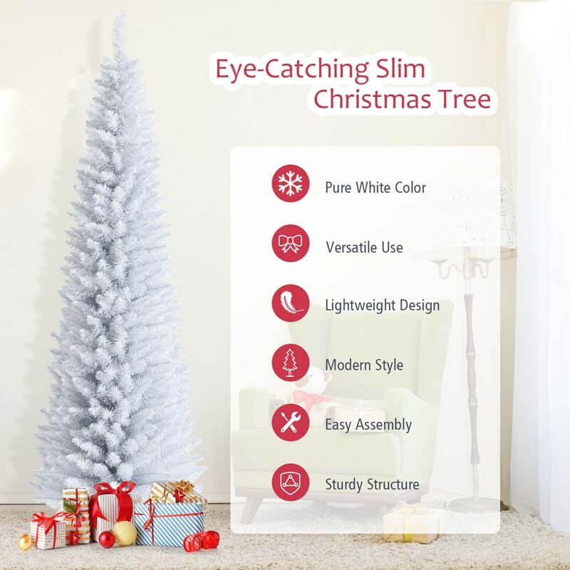 7FT White Pencil Artificial Christmas Tree Unlit Slim Xmas Tree with 436 PVC Needles & Folding Metal Stand for Home Office Shop Hotel Decoration