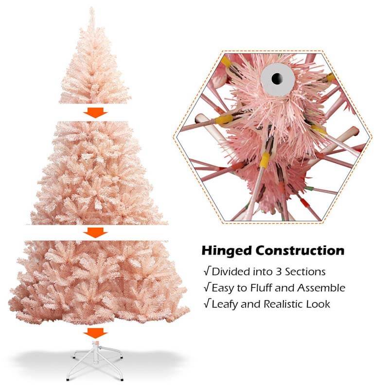 6FT Pink Artificial Christmas Tree Unlit Hinged Spruce Xmas Full Tree with Foldable Metal Stand, 617 Branch Tips for Outdoor Indoor Holiday Decor