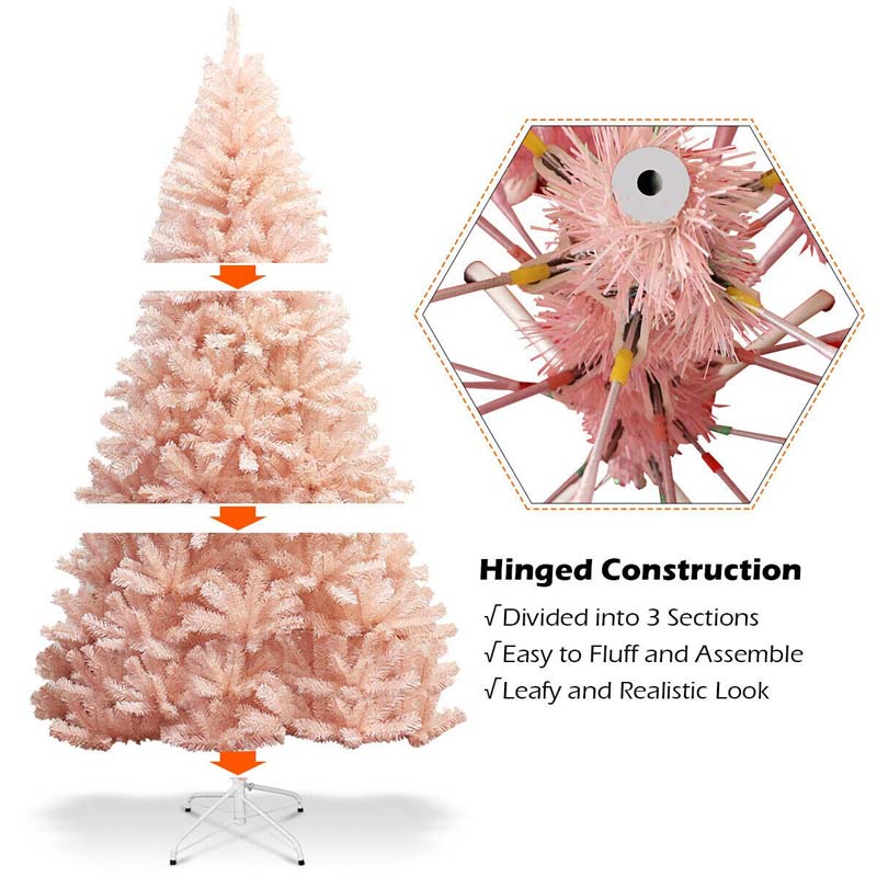 7FT Pink Artificial Christmas Tree Unlit Hinged Spruce Xmas Full Tree with Foldable Metal Stand, 937 Branch Tips for Outdoor Indoor Holiday Decor