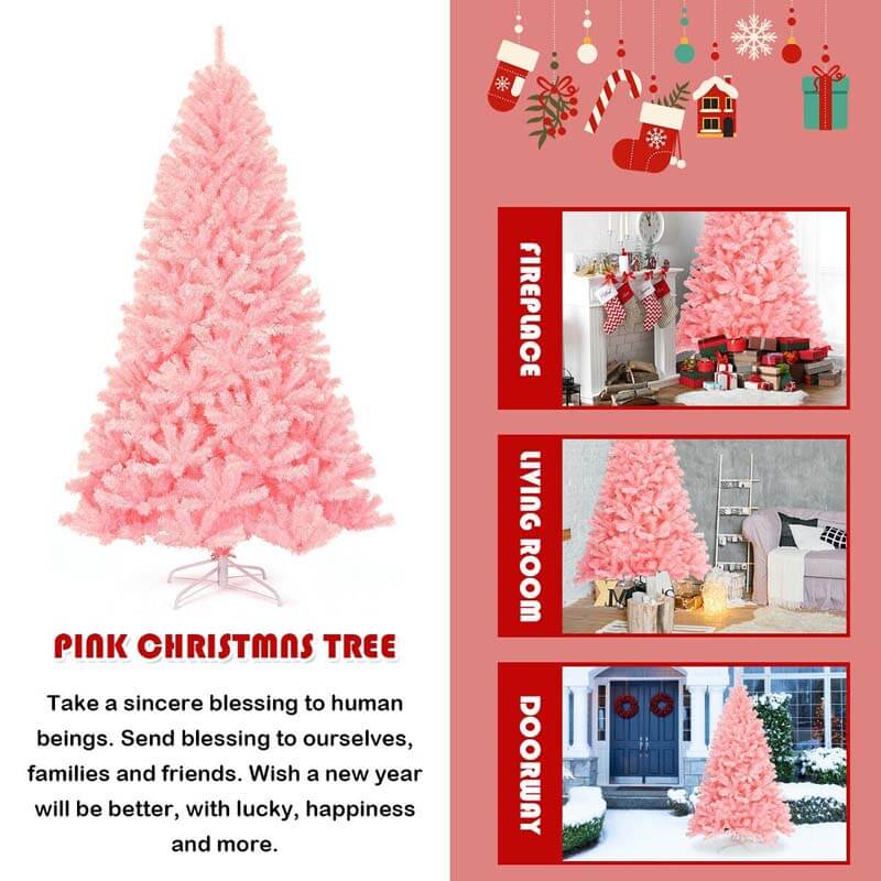 7.5FT Pink Artificial Christmas Tree Hinged Spruce Full Xmas Tree with Foldable Metal Stand