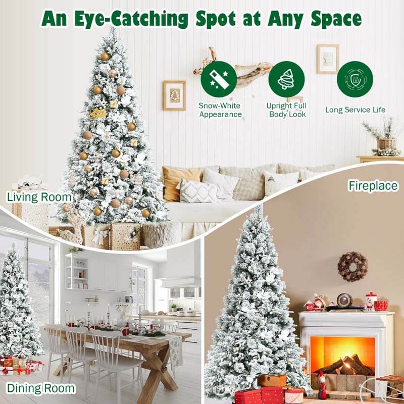 7FT Snow Flocked Artificial Christmas Tree Hinged Xmas Tree 919 Branch Tips with White Berries, Poinsettia Flowers & Folding Metal Stand