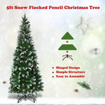 5FT Slim Pencil Artificial Christmas Tree Unlit Snow Flocked Xmas Tree with 21 Pine Cones, 421 PVC Branch Tips & Metal Stand