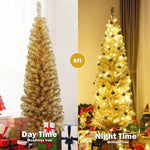 6FT Pencil Artificial Christmas Tree Unlit Slim Tinsel Xmas Tree with Electroplated Technology & Metal Stand for Indoor Outdoor Decoration