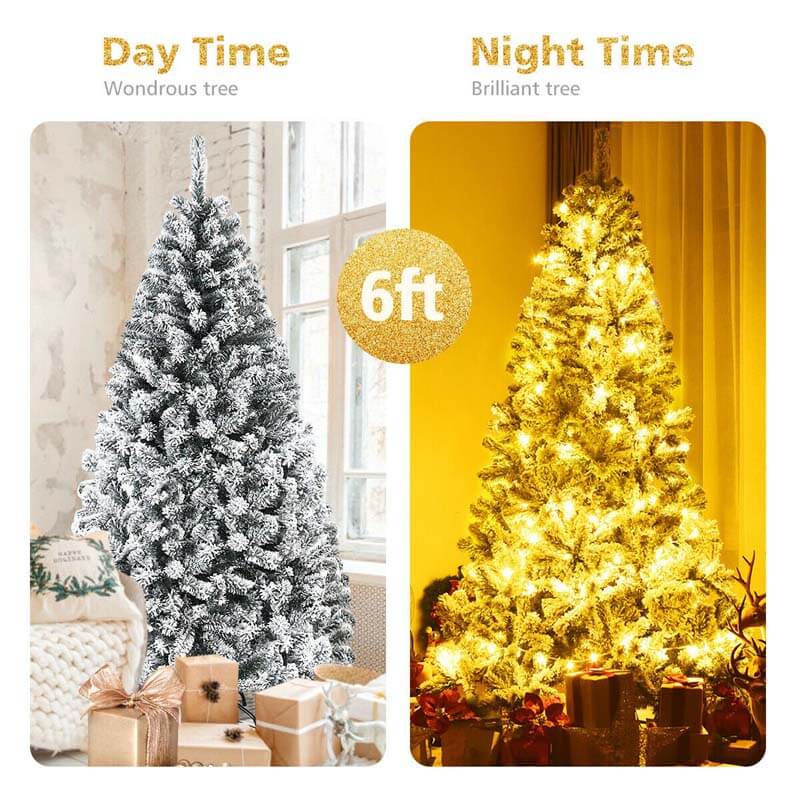 6 FT Snow Flocked Christmas Tree Hinged Artificial Xmas Tree with Metal Stand for Indoor & Outdoor Decors