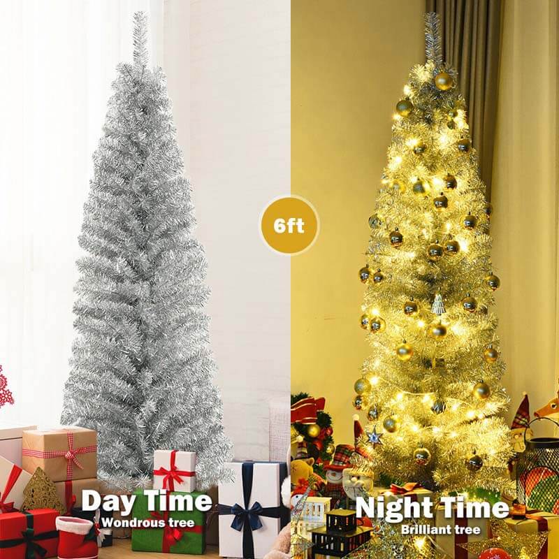 6FT Pencil Artificial Christmas Tree Unlit Slim Tinsel Xmas Tree with Electroplated Technology & Metal Stand for Indoor Outdoor Decoration