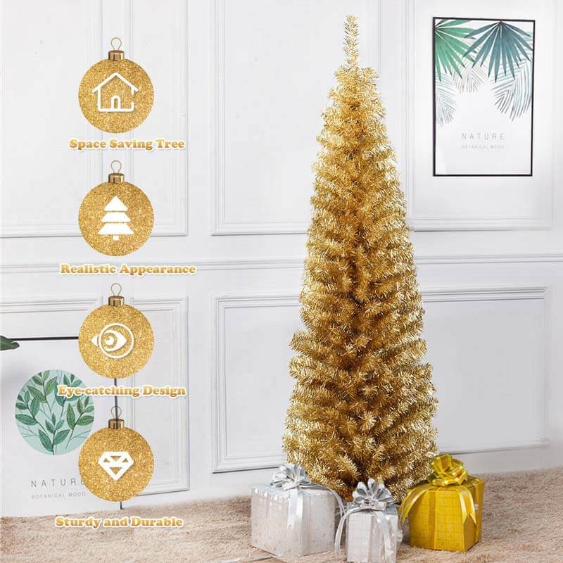 6FT Pencil Artificial Christmas Tree Unlit Slim Tinsel Xmas Tree with Electroplated Technology & Metal Stand for Indoor Outdoor Decoration