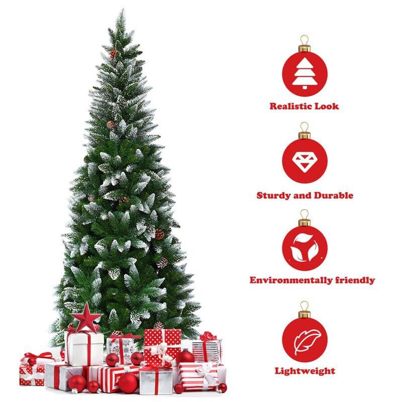 5FT Slim Pencil Artificial Christmas Tree Unlit Snow Flocked Xmas Tree with 21 Pine Cones, 421 PVC Branch Tips & Metal Stand