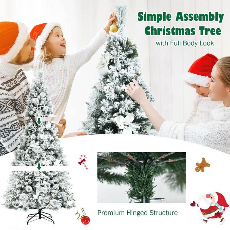 7FT Snow Flocked Artificial Christmas Tree Hinged Xmas Tree 919 Branch Tips with White Berries, Poinsettia Flowers & Folding Metal Stand