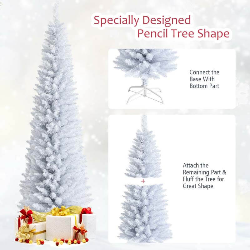 7FT White Pencil Artificial Christmas Tree Unlit Slim Xmas Tree with 436 PVC Needles & Folding Metal Stand for Home Office Shop Hotel Decoration