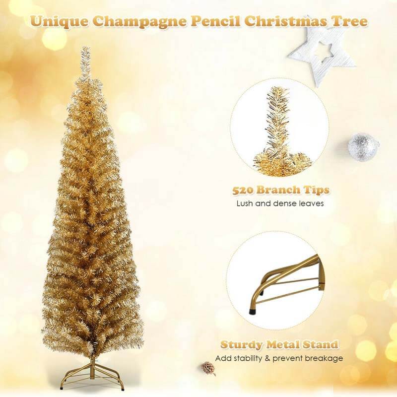 6FT Pencil Artificial Christmas Tree Unlit Slim Tinsel Xmas Tree with Electroplated Technology & Metal Stand for Indoor Outdoor Decoration