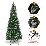 7.5FT Slim Pencil Artificial Christmas Tree Unlit Snow Flocked Xmas Tree with 39 Pine Cones, 720 PVC Branch Tips & Metal Stand