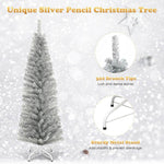 6FT Pencil Artificial Christmas Tree Unlit Slim Tinsel Xmas Tree with Electroplated Technology & Metal Stand for Indoor Outdoor Decoration