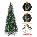 6FT Snow Flocked Slim Pencil Christmas Tree, Unlit Artificial Xmas Tree with 29 Pine Cones, 630 PVC Branch Tips & Metal Stand for Holiday Home Decor