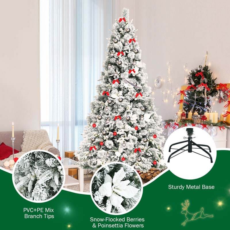 7FT Snow Flocked Artificial Christmas Tree Hinged Xmas Tree 919 Branch Tips with White Berries, Poinsettia Flowers & Folding Metal Stand