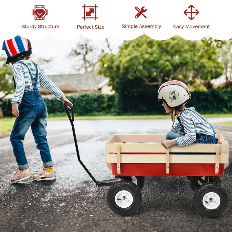 Heavy Duty Outdoor Utility Wagon Pulling Children Kid Garden Cart with Wood Railing & Adjustable Handle