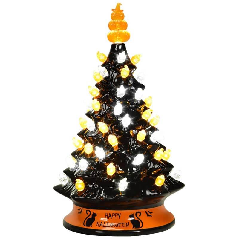 15 Inch Hand-Painted Black Tabletop Ceramic Halloween Tree with 12 Built-in Lights