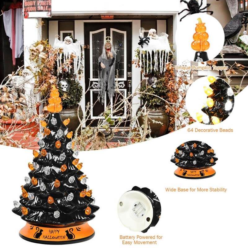 15 Inch Hand-Painted Black Tabletop Ceramic Halloween Tree with 12 Built-in Lights