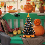 15 Inch Hand-Painted Black Tabletop Ceramic Halloween Tree with 12 Built-in Lights