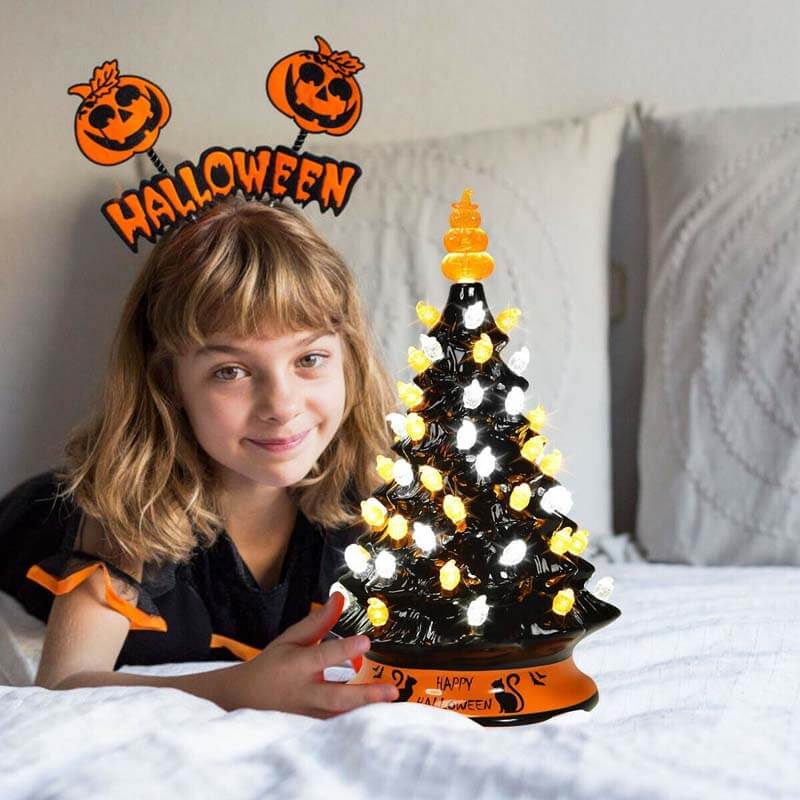 15 Inch Hand-Painted Black Tabletop Ceramic Halloween Tree with 12 Built-in Lights