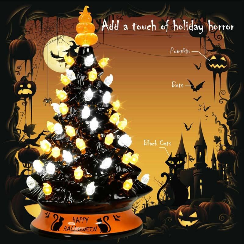 15 Inch Hand-Painted Black Tabletop Ceramic Halloween Tree with 12 Built-in Lights