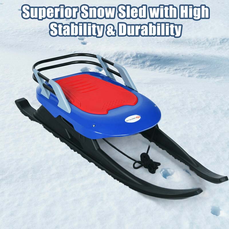 Kids Folding Snow Sled with Leather Cushioned Seat, Ski Sled Snow Racer Sled with Tow Rope