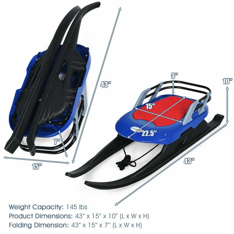 Folding Kids Snow Sled with Leather Cushioned Seat, Backrest & Tow Rope, Frost-Resistant Ski Sled Snow Racer for Winter Fun