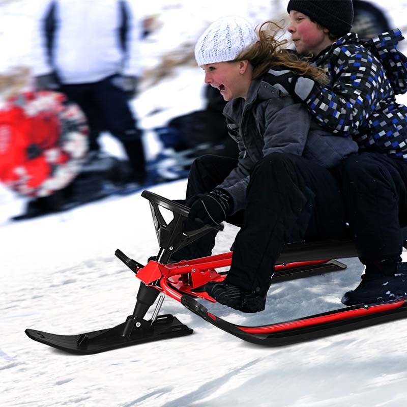 Kids Ski Board Snow Racer Sled with Steering Wheel and Double Brakes Pull Rope