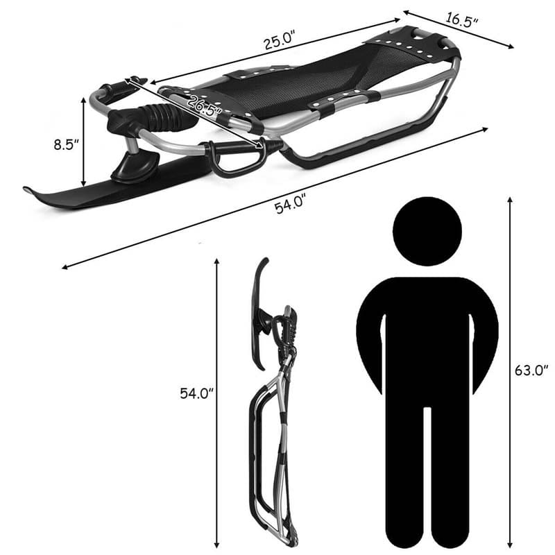 54" Snow Racer Sled, Ski Sled Slider Board with Textured Grip Handles & Ergonomic Mesh Seat for Kids Ages 12+, Adults