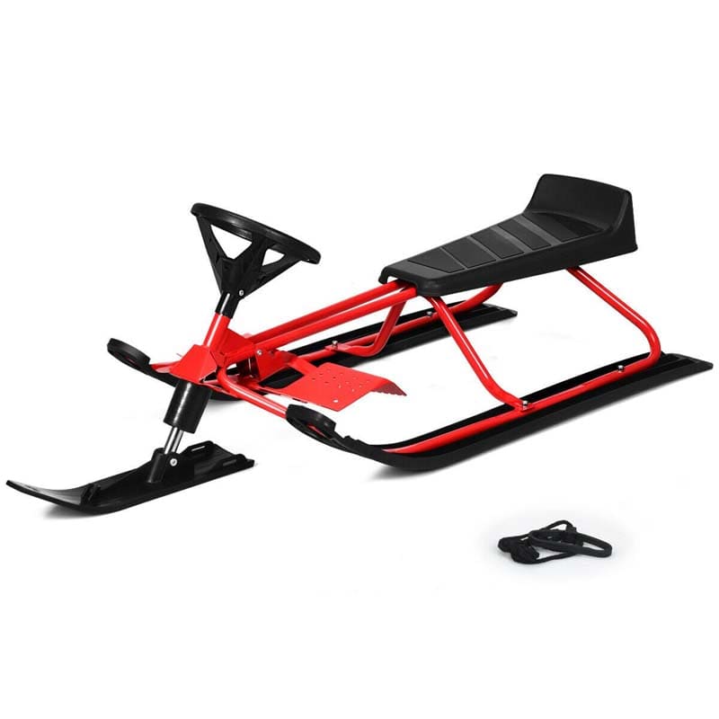 Kids Snow Racer Sled with Steering Wheel and Double Brakes Pull Rope Slider