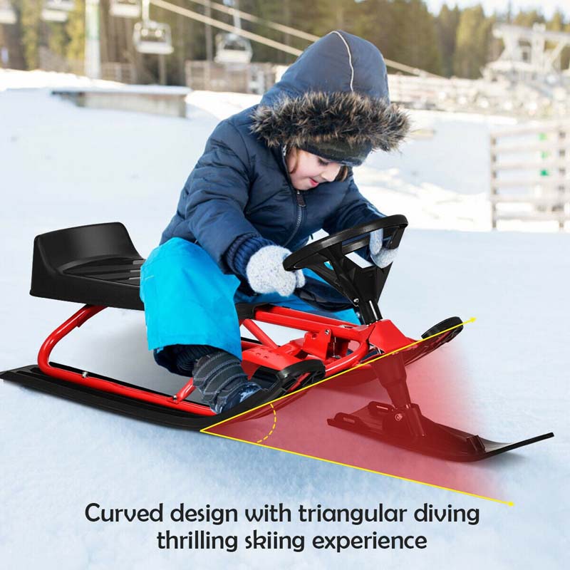 Kids Snow Racer Sled with Steering Wheel and Double Brakes Pull Rope Slider