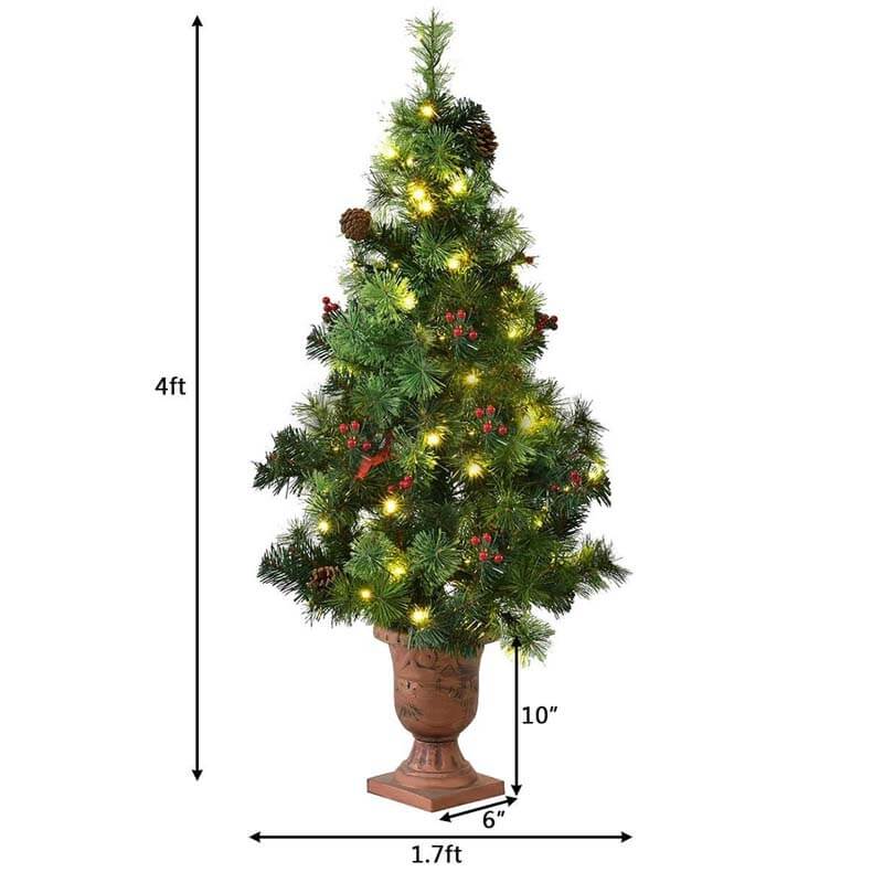 4FT Pre-Lit Entrance Christmas Tree with 60 Warm LED Lights, Red Berries & Pine Cones, Porch Xmas Tree for Indoor Outdoor Holiday Decors