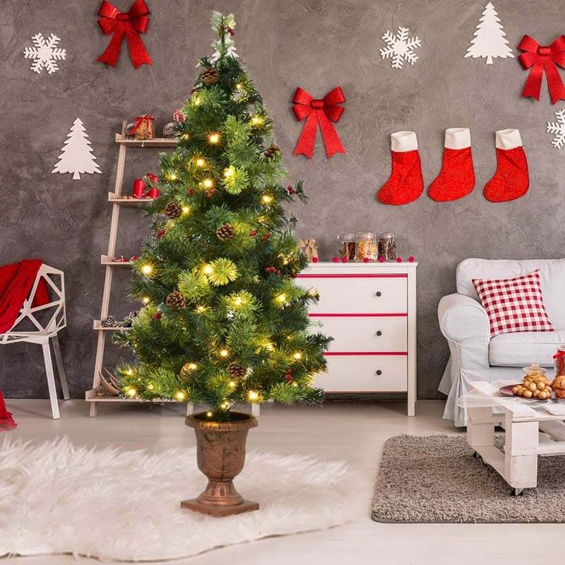 5FT Pre-Lit Entrance Christmas Tree with 100 LED Lights, Red Berries & Pine Cones, Artificial Tabletop Xmas Tree for Indoor Outdoor Holiday Decor