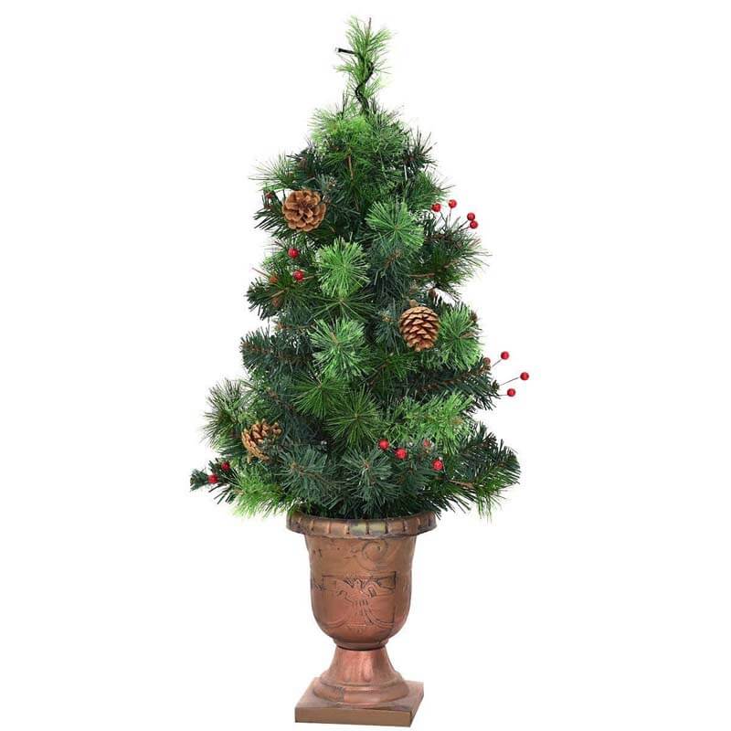 4FT Pre-Lit Entrance Christmas Tree with 60 Warm LED Lights, Red Berries & Pine Cones, Porch Xmas Tree for Indoor Outdoor Holiday Decors