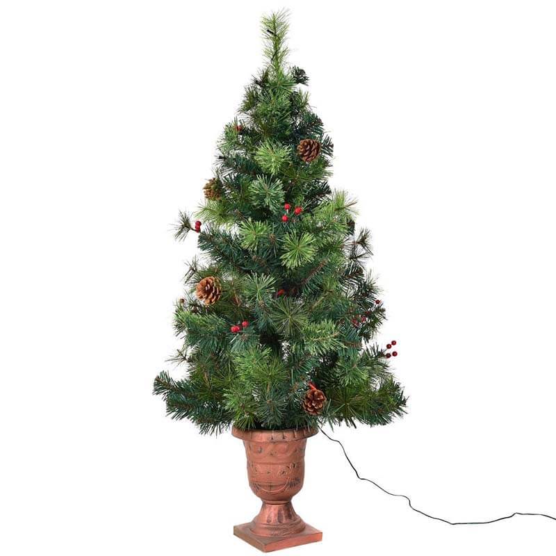 4FT Pre-Lit Entrance Christmas Tree with 60 Warm LED Lights, Red Berries & Pine Cones, Porch Xmas Tree for Indoor Outdoor Holiday Decors