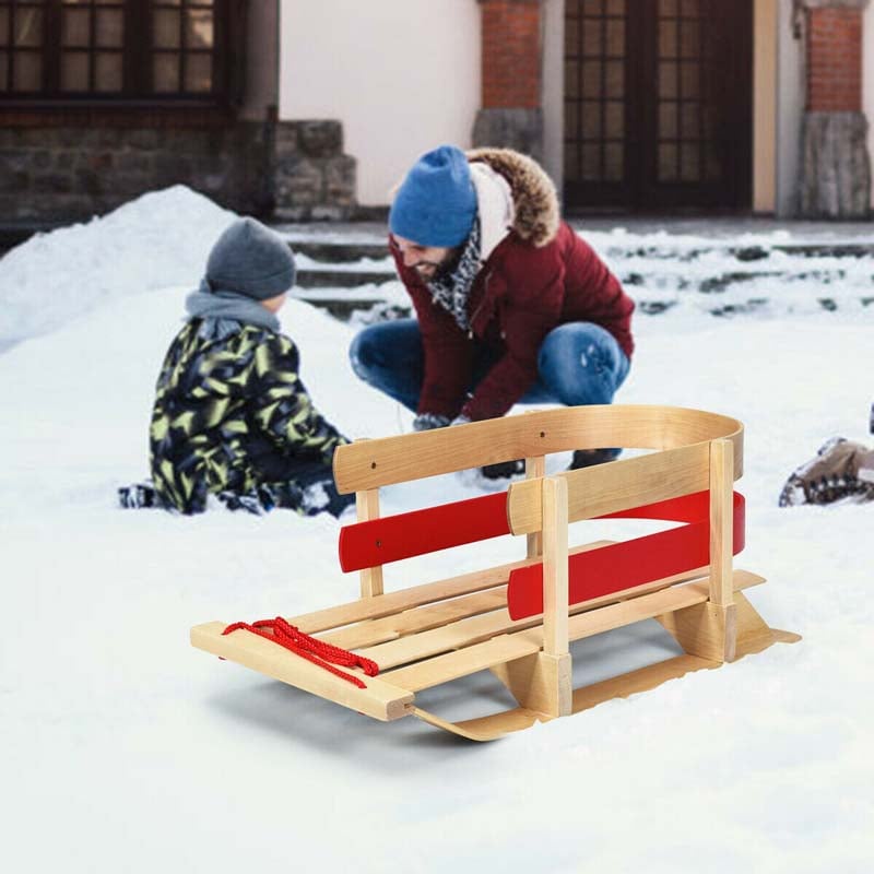 Kids Wooden Sled Outdoor Play Baby Snow Sled Pull Steering Slider with Solid Wood Seat