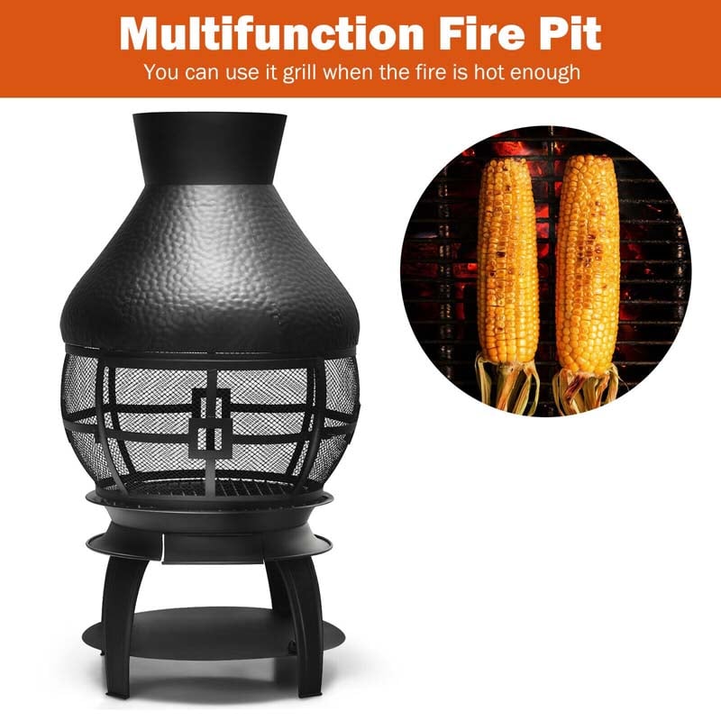 Patio Wood Burning Fire Pit Chimenea Heavy Duty Chiminea Outdoor Fireplace with 2-Piece Log Grate & 360° Wire Mesh for Garden Backyard