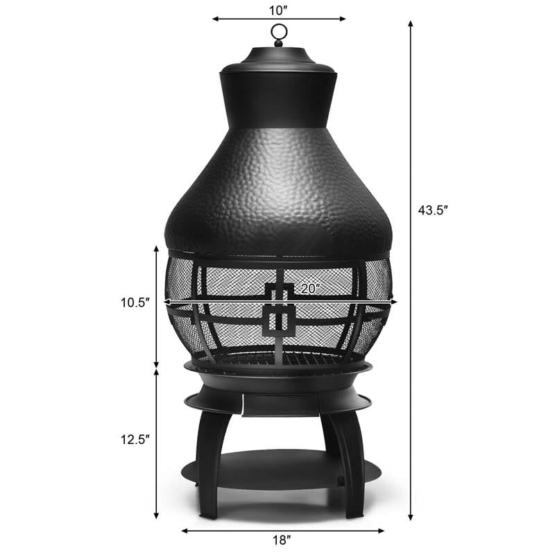 Patio Wood Burning Fire Pit Chimenea Heavy Duty Chiminea Outdoor Fireplace with 2-Piece Log Grate & 360° Wire Mesh for Garden Backyard