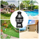 Patio Wood Burning Fire Pit Chimenea Heavy Duty Chiminea Outdoor Fireplace with 2-Piece Log Grate & 360° Wire Mesh for Garden Backyard