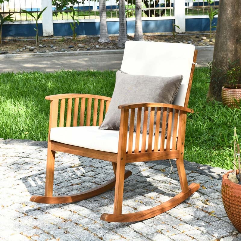 Acacia Wood Outdoor Rocking Chair Garden Patio Rocker with Detachable Back & Seat Cushions