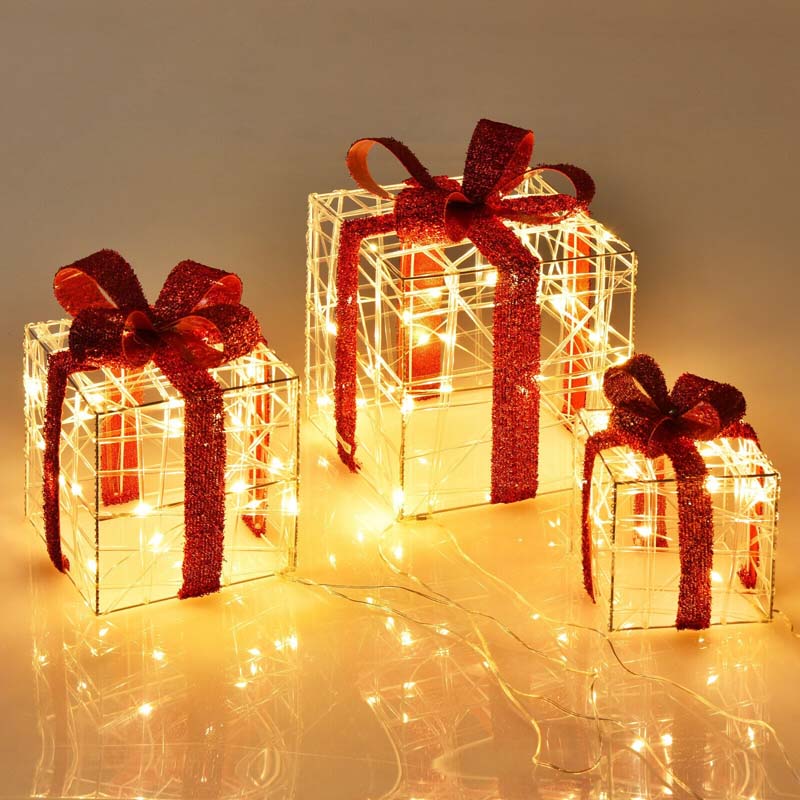 3PCS Christmas Lighted Gift Boxes Indoor Outdoor Xmas Decorative Boxes with 60 LED Lights & Waterproof Plug