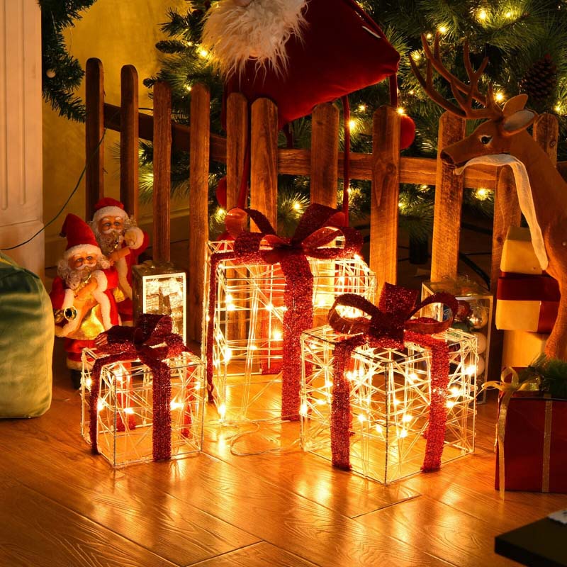 3PCS Christmas Lighted Gift Boxes Indoor Outdoor Xmas Decorative Boxes with 60 LED Lights & Waterproof Plug