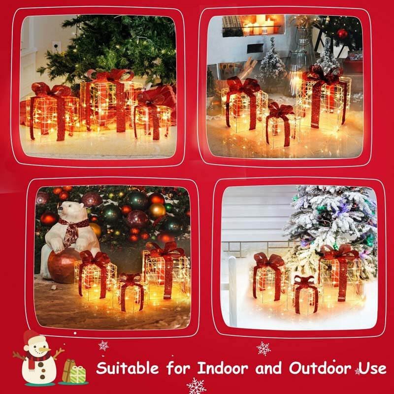 3PCS Christmas Lighted Gift Boxes Indoor Outdoor Xmas Decorative Boxes with 60 LED Lights & Waterproof Plug