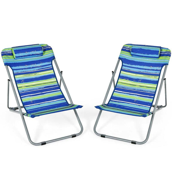 2-Pack Beach Chairs, Folding Lounge Chairs with Adjustable Backrests & Headrests, Portable Lightweight Chairs for Camping, Deck, Sunbathing