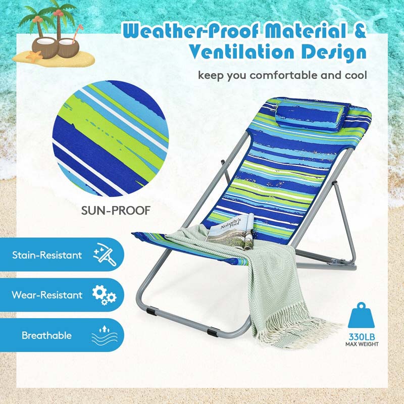 2-Pack Beach Chairs, Folding Lounge Chairs with Adjustable Backrests & Headrests, Portable Lightweight Chairs for Camping, Deck, Sunbathing