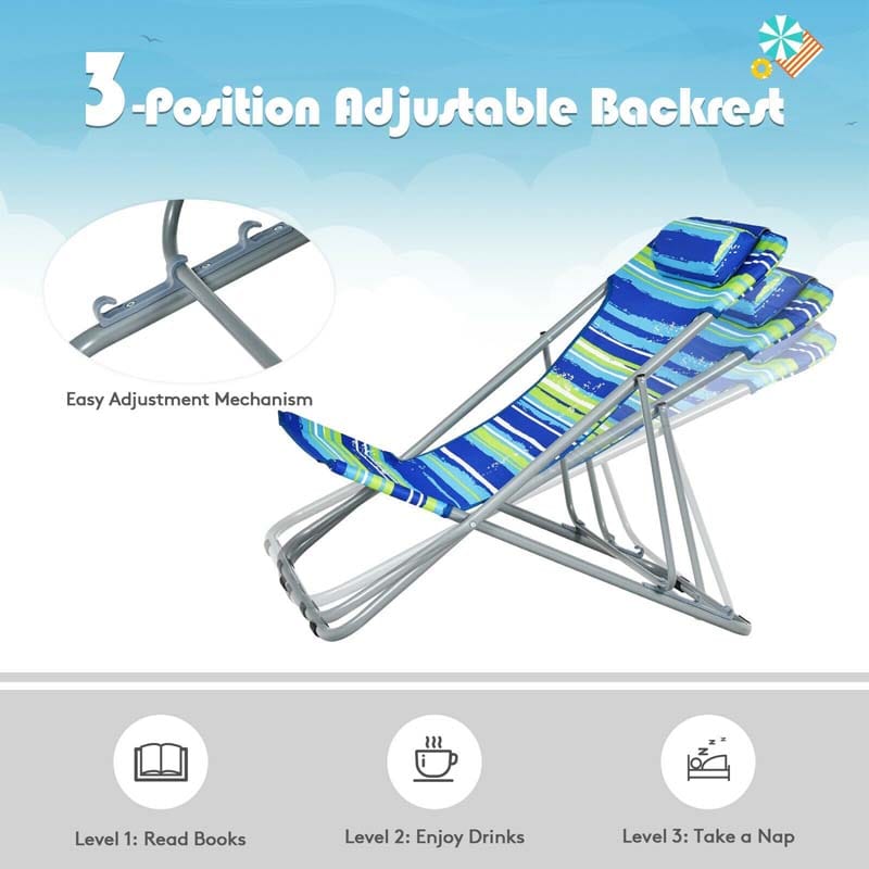 2 Pack Folding Backpack Beach Chairs Portable Camping Chairs Summer Deckchairs with 3 Adjustable Positions & Headrest