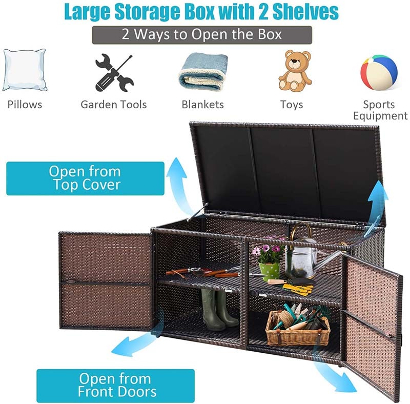 88 Gallon Wicker Deck Box Rattan Outdoor Storage Box Patio Container Cabinet with Separate Storage Shelf