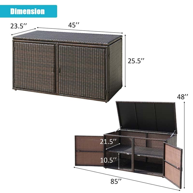 88 Gallon Wicker Deck Box Rattan Outdoor Storage Box Patio Container Cabinet with Separate Storage Shelf