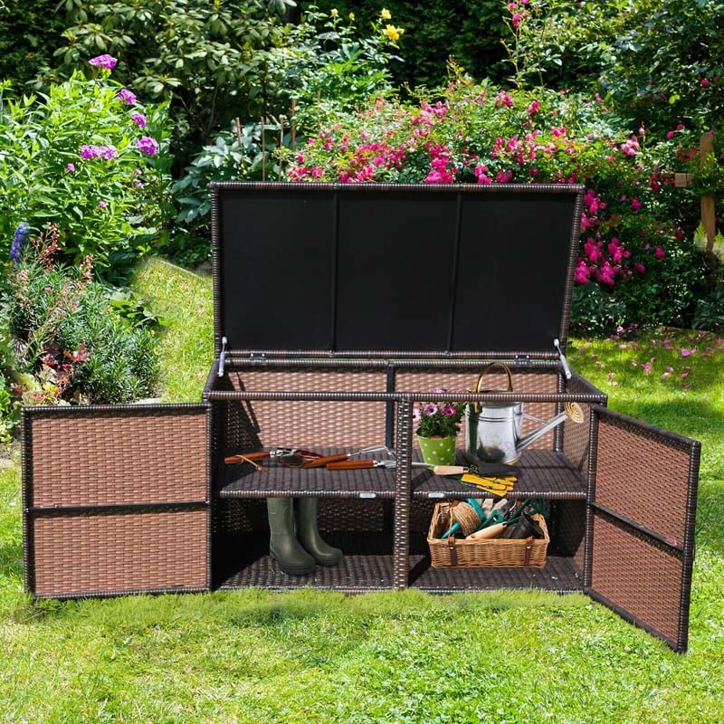 88 Gallon Wicker Deck Box Rattan Outdoor Storage Box Patio Container Cabinet with Separate Storage Shelf